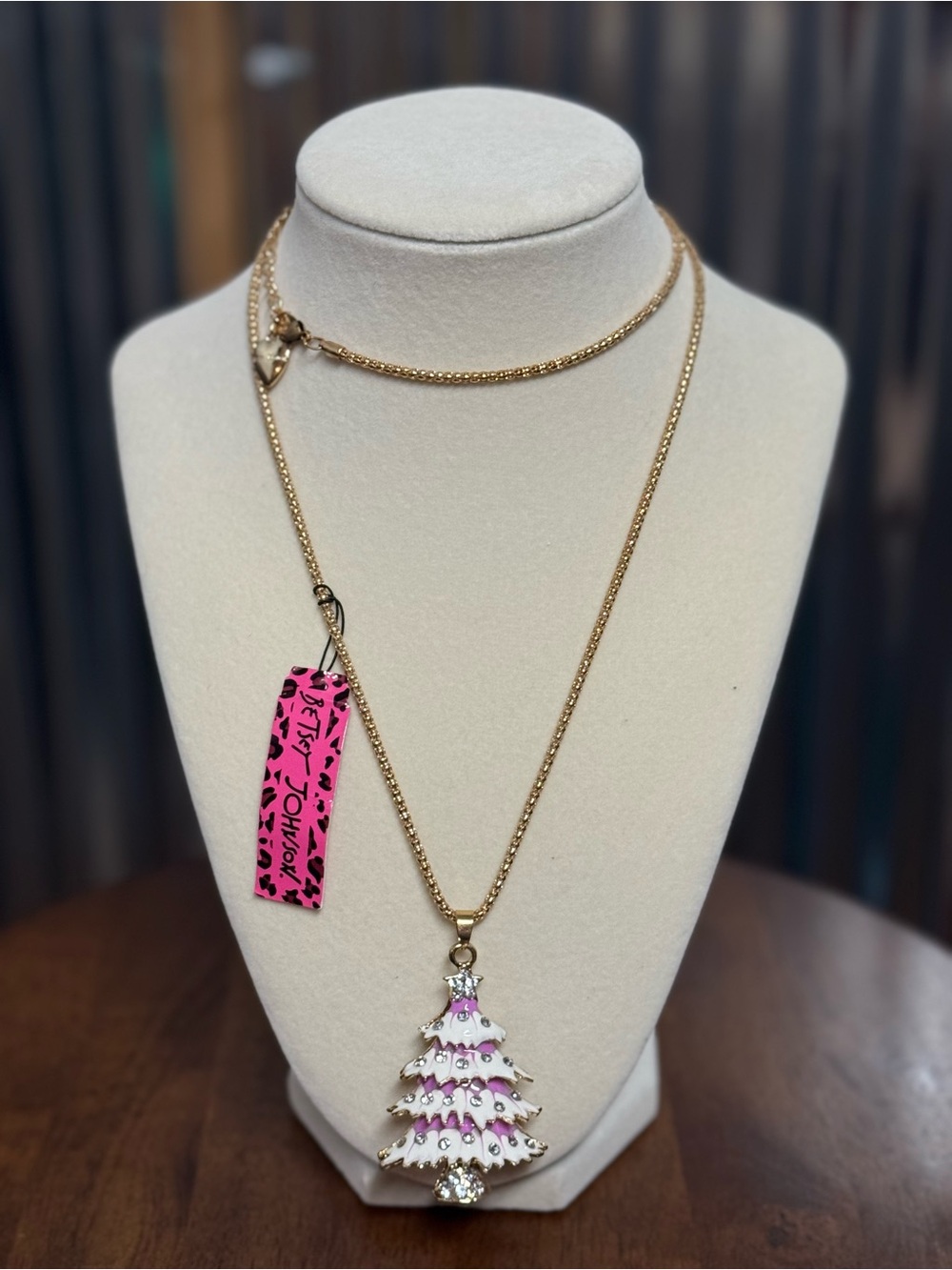 Betsey Johnson Gold Tone Necklace with Pink Enamel Holiday Tree Pendant NWT